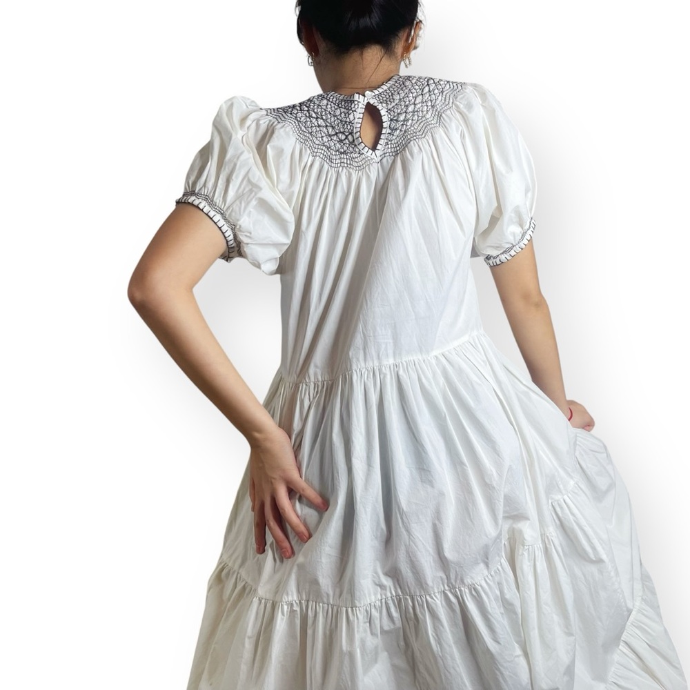 Doen Cream Smocked Yoke Cotton Dress with Black Embroidery - Picture 16 of 16